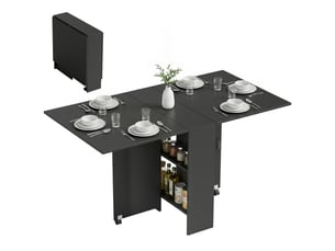 Table de cuisine pliante à 2 roulettes, 2 étagères de rangement et 2 rallonges rabattables, style moderne, 75 x 140 x 74 cm, noire