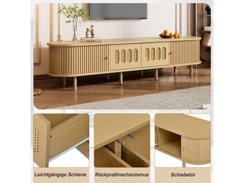  Meuble tv 180cm, lowboard en bois clair et rotin, meuble de salon avec portes coulissantes pour téléviseur jusqu'à 75 pouces  - Conforama D
