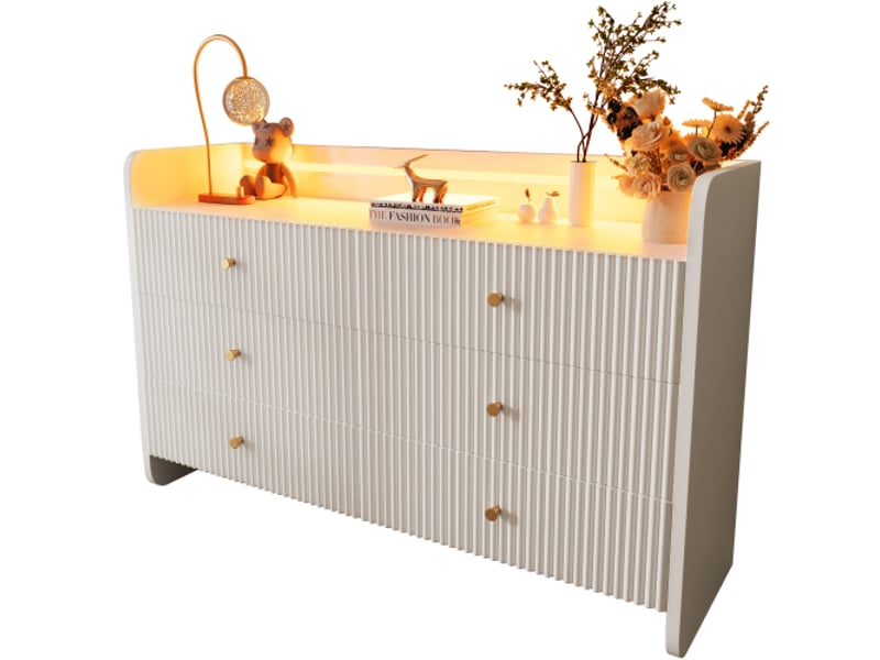  Buffet, commode avec éclairage led et 6 tiroirs design rainuré ondulé, armoire polyvalente pour salon et chambre,120x40x75cm,blanc  - Conforama A