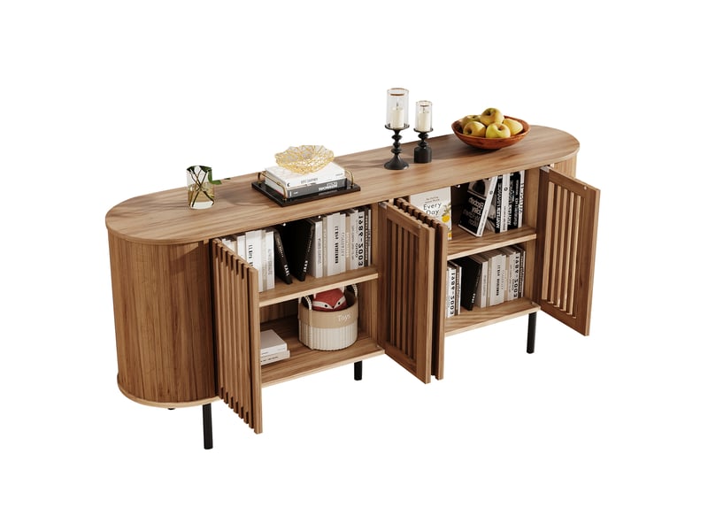 Buffet bas 160 x 40 x 70 cm avec 4 portes coulissantes ajourées, étagères réglables, mdf et pieds en métal, coloris bois naturel - Conforama A