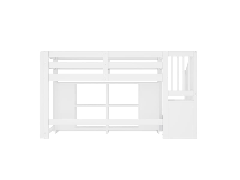  Lit mezzanine (90x200) avec compartiments de rangement, armoires, escalier avec espace de rangement et éclairage led, blanc.  - Conforama E