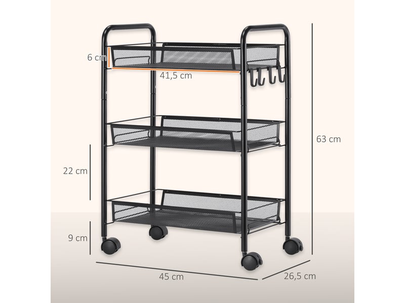  Chariot de service à 3 niveaux avec paniers, chariot à roulettes, chariot de rangement, 45 x 26,5 x 63 cm, noir  - Conforama E