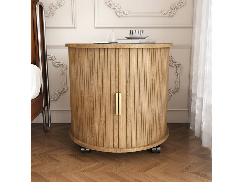  Table de chevet cylindrique 60 x 60 x 60 cm avec prise et 2 ports usb, porte coulissante, roulettes, mdf aspect chêne  - Conforama B