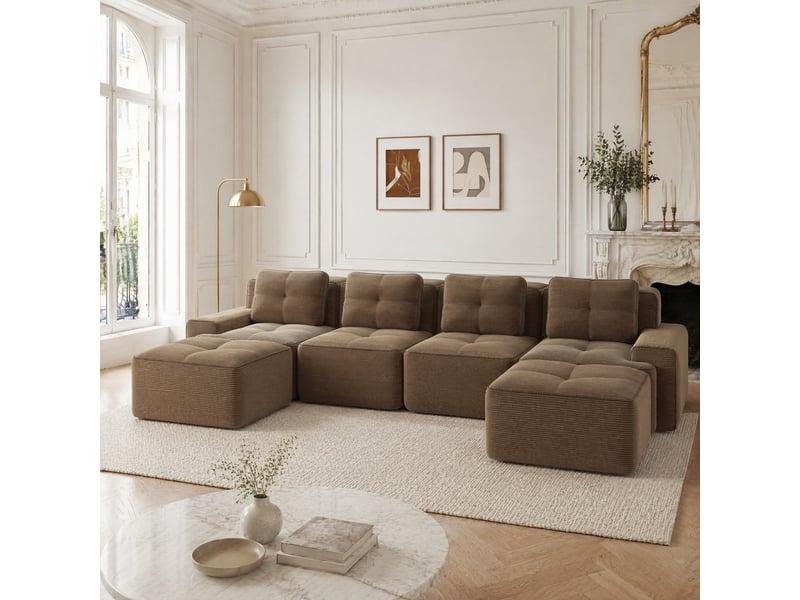 Canapé d'angle modulable en u 4 places avec assise profonde et sans montage en velours côtelé marron  - Conforama C