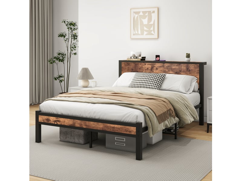  Lit avec rangement 140 × 200 cm 2 places, tête de lit, structure métal, sans matelas, brun antique  - Conforama C