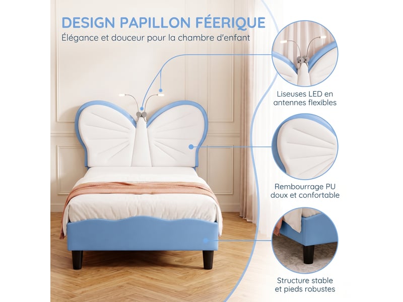  Lit simple 90x200 cm avec lampes led, lit enfant capitonné avec tête de lits réglable en forme de papillon et lattes en velours, sans matelas, bleu  - Conforama W