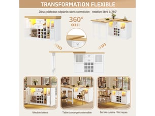 Îlot de cuisine extensible 120-197 x 40 x 72 cm, plateau pivotant à 360°, led 3 couleurs, 2 tiroirs, casier 9 bouteilles, blanc