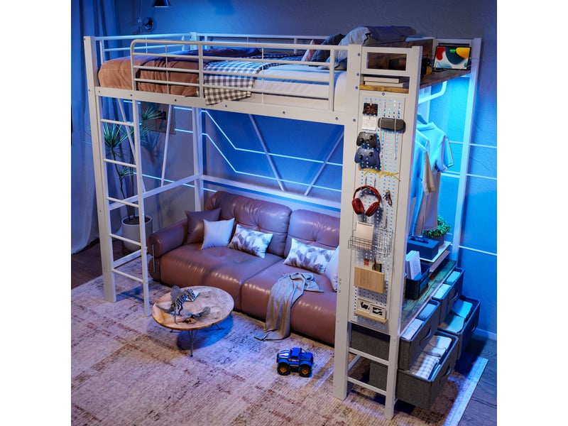  Lit mezzanine 200×90 cm avec 4 tiroirs, étagères, éclairage led et ports usb et usb-c, sans matelas, blanc  - Conforama B