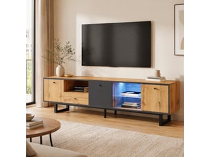 Meuble tv 3 portes, tiroir et niches led pour salon 190×40×50 cm en panneaux de particules naturel