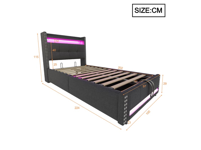  Lit enfant 90x200 cm tête-rangement usb intégré led changeante coffre design moderne tissu lin gris sans matelas  - Conforama C