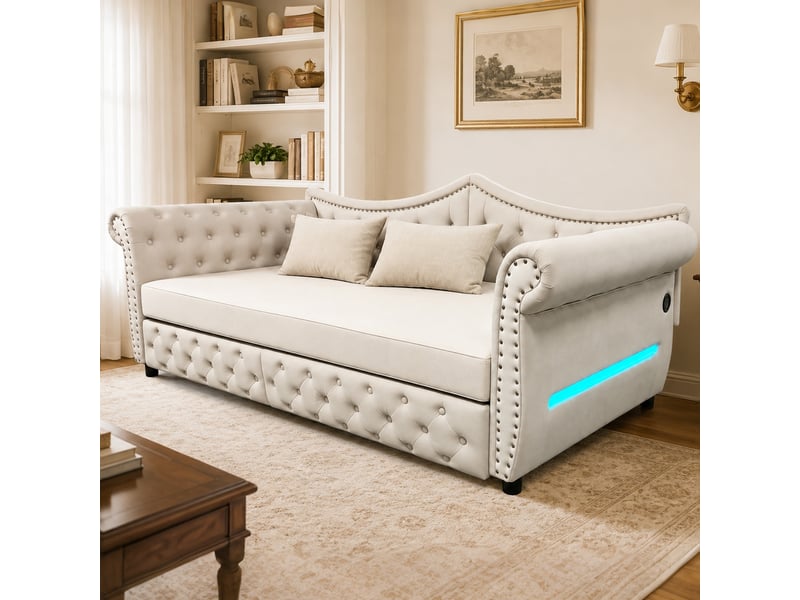  Lit banquette 90 x 200 cm avec 2 tiroirs, led et usb, canapé-lit rembourré en velours beige avec clous décoratifs et sommier à lattes pour salon  - Conforama B
