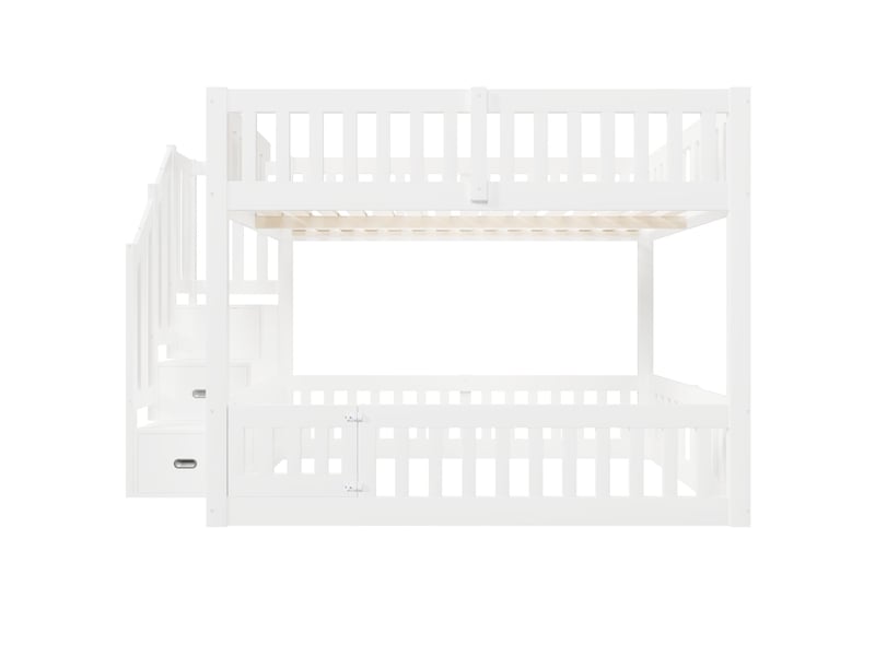  Lit superposé 140x200 cm, barrières de sécurité sur toute la longueur, escalier avec rangements, structure en bois massif, blanc  - Conforama A