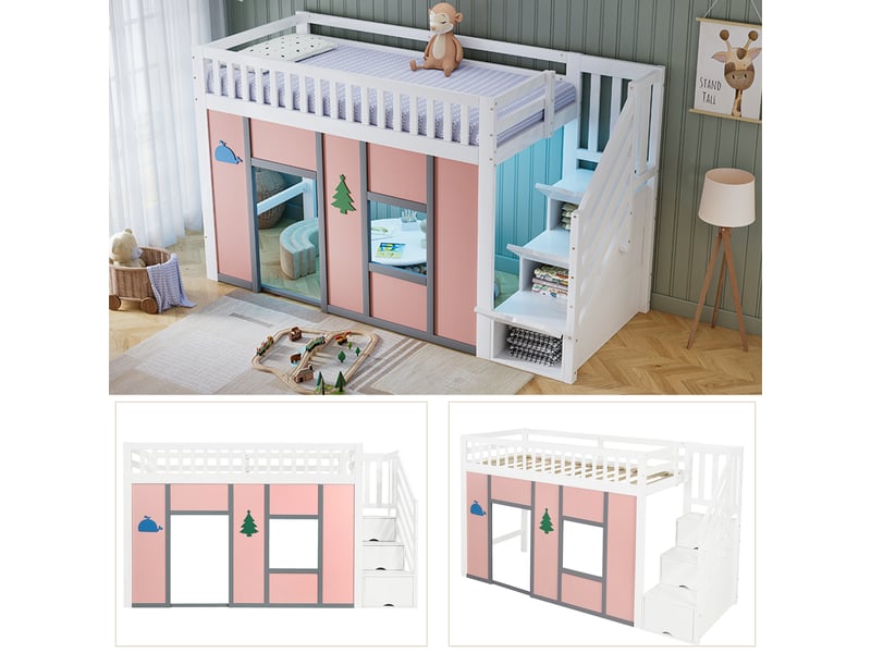  Lit mi-hauteur enfant 90x200 cm, escalier avec rangement, espace de jeu, led, garde-corps, motifs décoratifs, pin et mdf, blanc et rose Radiant Stride - Conforama E