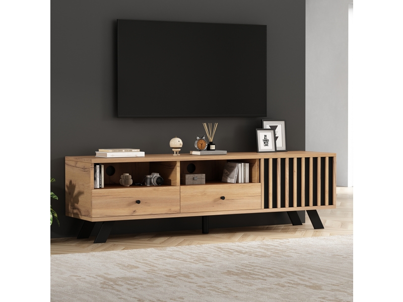  Ensemble meuble tv et buffet 150x38x44 120x38x75 cm – bois naturel et noir – rangement coordonné 9 espaces  - Conforama B