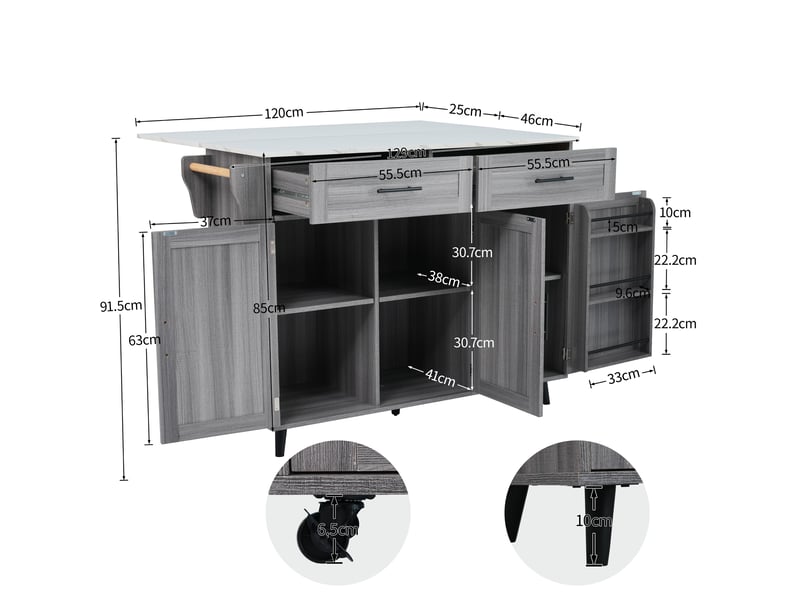 Desserte de cuisine,129x46x91,5 cm,avec plan extensible,mdf,gris et blanc - Conforama C