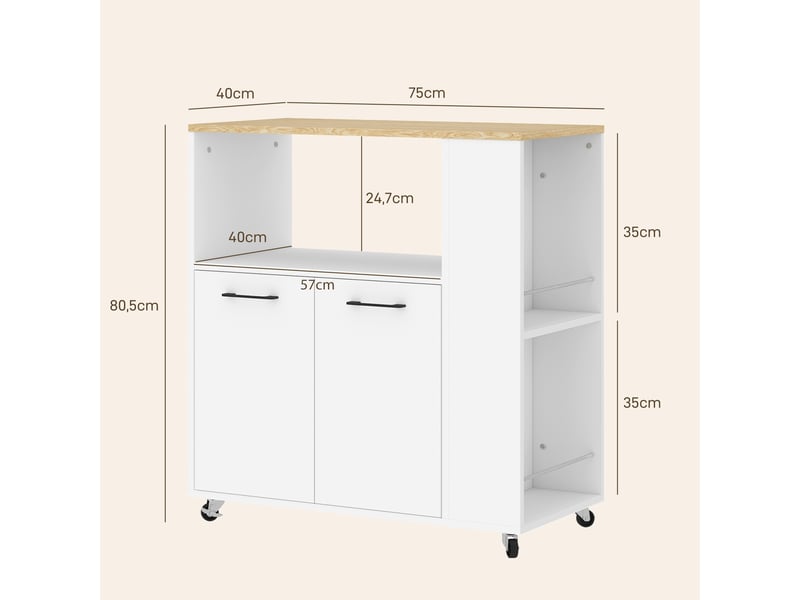  Desserte de cuisine à roulettes avec placard et étagères blanc 75 x 40 x 80,5 cm  - Conforama C