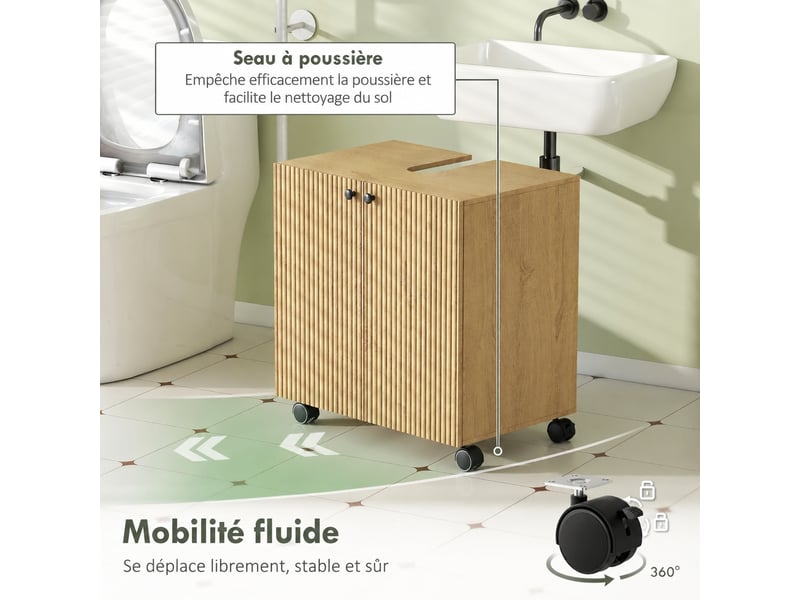  Meuble sous lavabo salle de bains en bois naturel, étagère réglable et roulettes verrouillables  - Conforama E