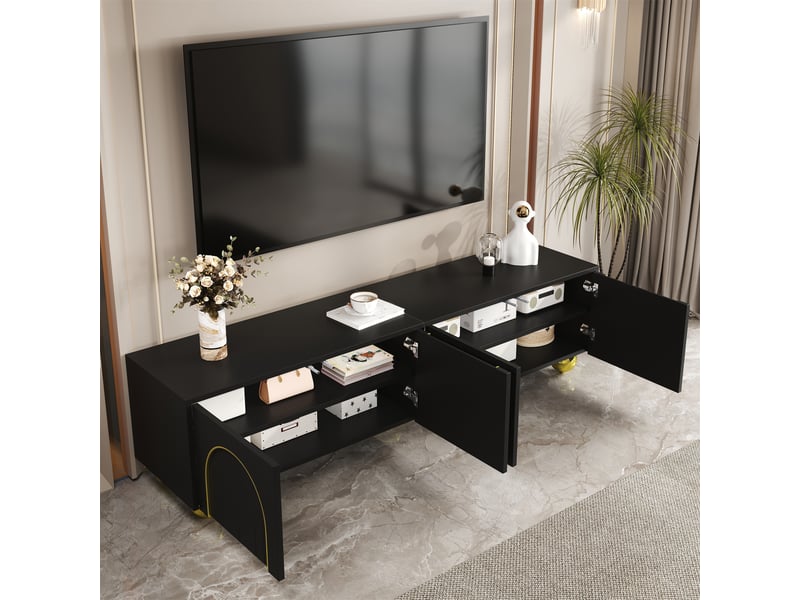  Meuble tv avec portes structurées, ornements dorés, pieds ronds dorés, tablettes, push-to-open, noir et or  - Conforama D