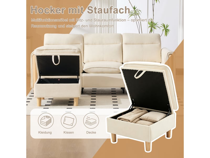 Canapé d'angle 3 places en tissu chenille beige, avec pouf à rangement, poches latérales, pieds en bois - Conforama R