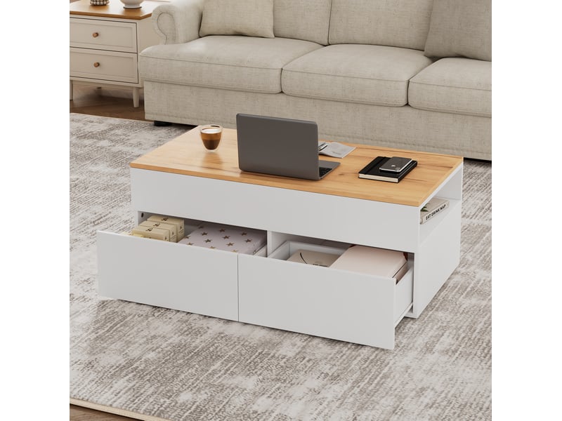  Table basse relevable 100 x 50 cm avec 2 tiroirs et rangement, blanc et bois  - Conforama D