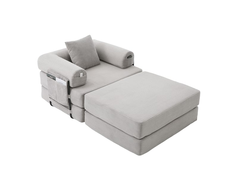  Fauteuil modulable 1 place avec pouf en velours côtelé gris clair - 112 x 190 x 67 cm  - Conforama A