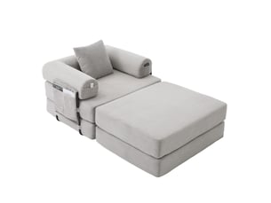 Fauteuil modulable 1 place avec pouf en velours côtelé gris clair - 112 x 190 x 67 cm