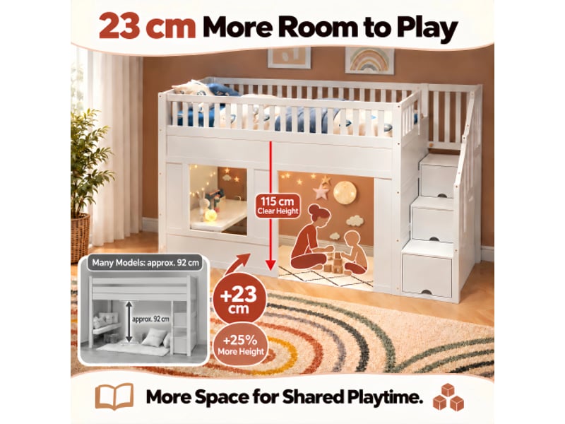  Lit superposé enfant, 90×200 cm, surélevé, multifonction, escalier avec rangement + espace de jeu transformable, blanc, sans matelas  - Conforama E
