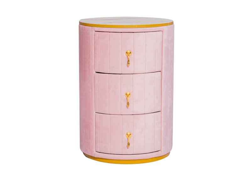 Table de chevet 3 tiroirs avec plateau effet marbre et finitions dorées pour chambre et salon en velours rose - Conforama A