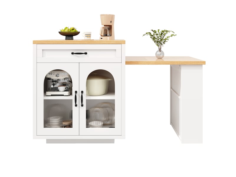  Desserte extensible blanche mdf, 2 portes en verre strié, 2 tiroirs et led, 126-196x59x94 cm  - Conforama R