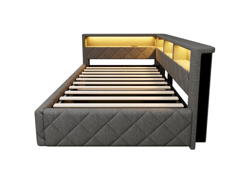 Lit coffre 90 x 200cm, rangement hydraulique, avec bande lumineuse led, avec port usb, sans matelas, lin, gris - Conforama A