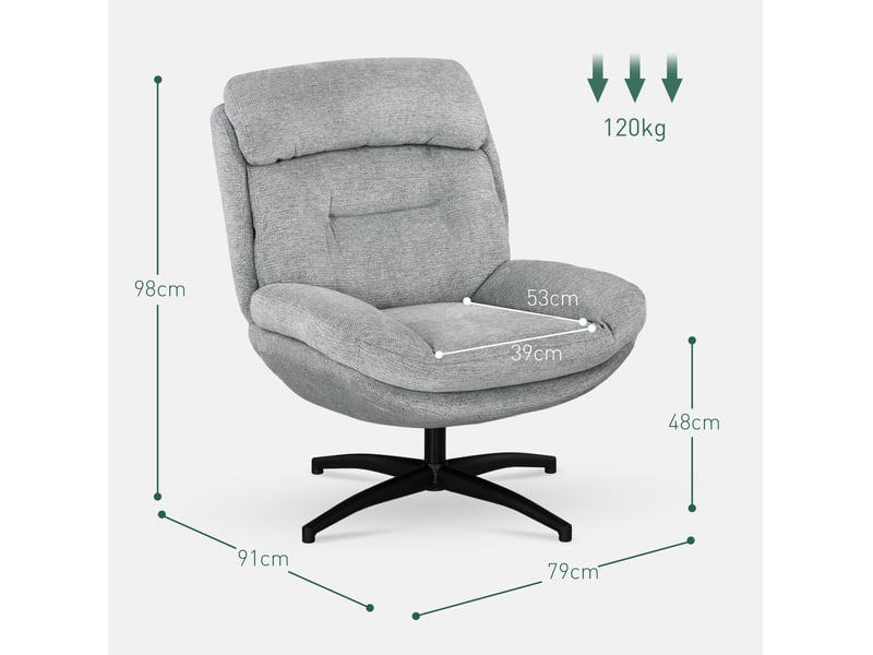  Fauteuil pivotant 79x91x98 cm, rotation 360 degrés, accoudoirs intégrés, polyester gris, design moderne, canapé 1 place  - Conforama C