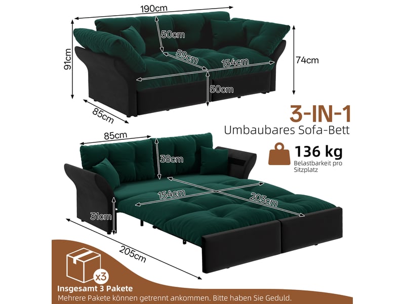 Canapé-lit convertible 3-en-1 modenvie 190 x 85 x 91 cm, 2 places, en velours vert avec 2 coussins - Conforama C