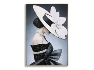 Tableau sur toile marty a2 dame avec chapeau blanc et perles, 62x92 cm