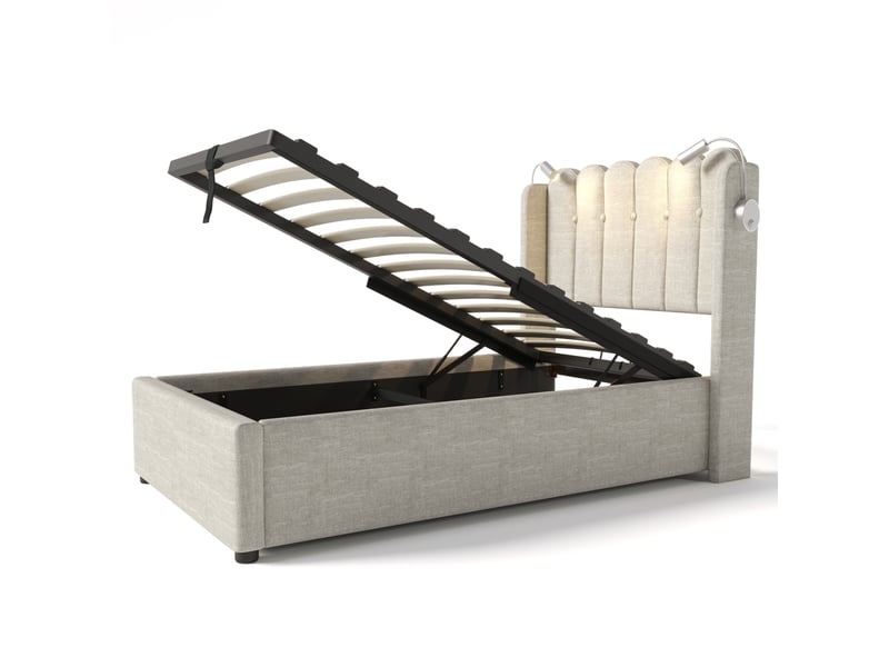  Lit coffre, lit simple en lin avec lampe de lecture, usb et rangement, 90x200 cm, sans matelas, naturel  - Conforama E