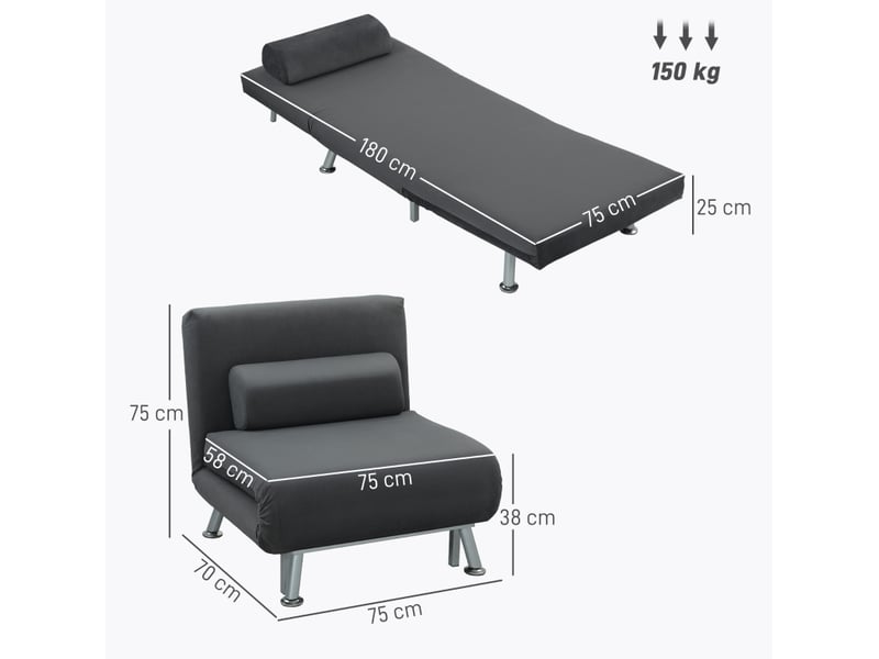  Fauteuil convertible 75x70x75 cm dossier réglable polyester gris foncé  - Conforama C