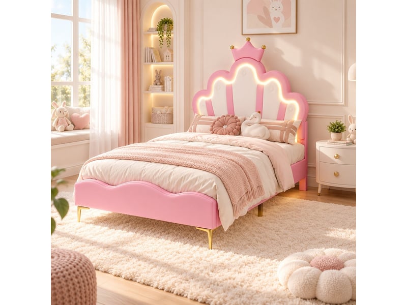  Lit enfant 1 place 90x190 cm, lit simple avec tête de lit réglable couronne, led, pu rose et blanc  - Conforama D