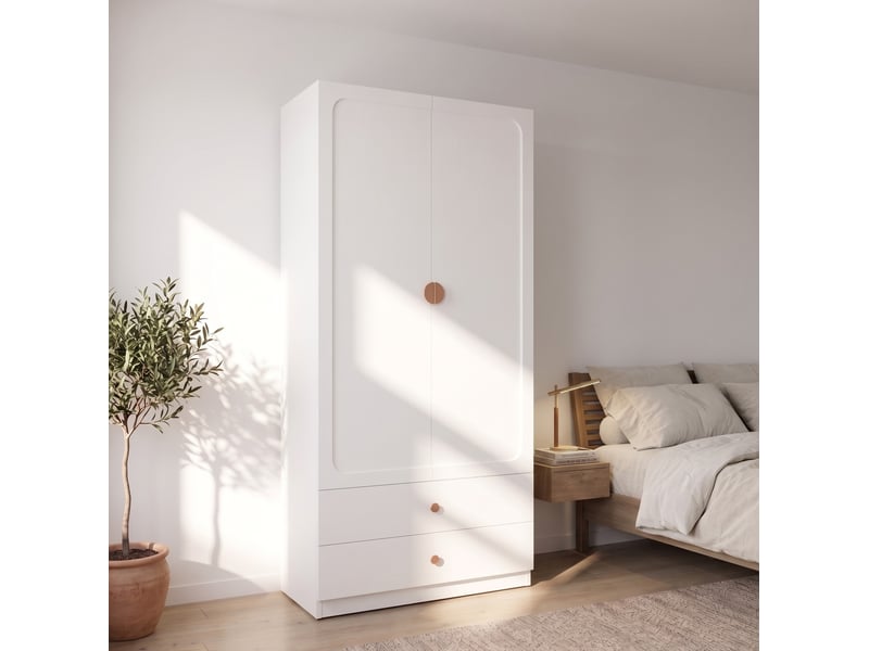 Armoire 2 portes avec 2 tiroirs, penderie et étagère pour chambre en mdf, bois et acier blanc 90 × 45 × 200 cm - Conforama B