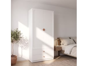 Armoire 2 portes avec 2 tiroirs, penderie et étagère pour chambre en mdf, bois et acier blanc 90 × 45 × 200 cm