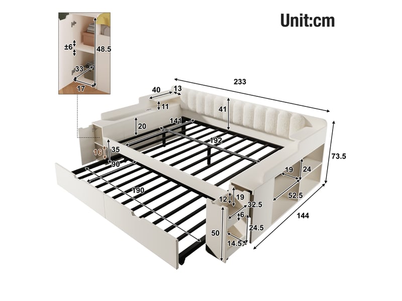 Canapé-lit 140x190cm - avec lit gigogne - avec usbtype-c - compartiment de rangement - dossier polaire sherpa - blanc (matelas non inclus) - Conforama C