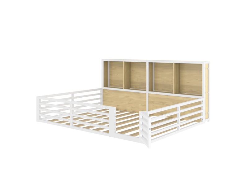  Lit banquette blanc 140 × 200 cm en métal, sommier à lattes, garde-corps et rangement latéral  - Conforama E