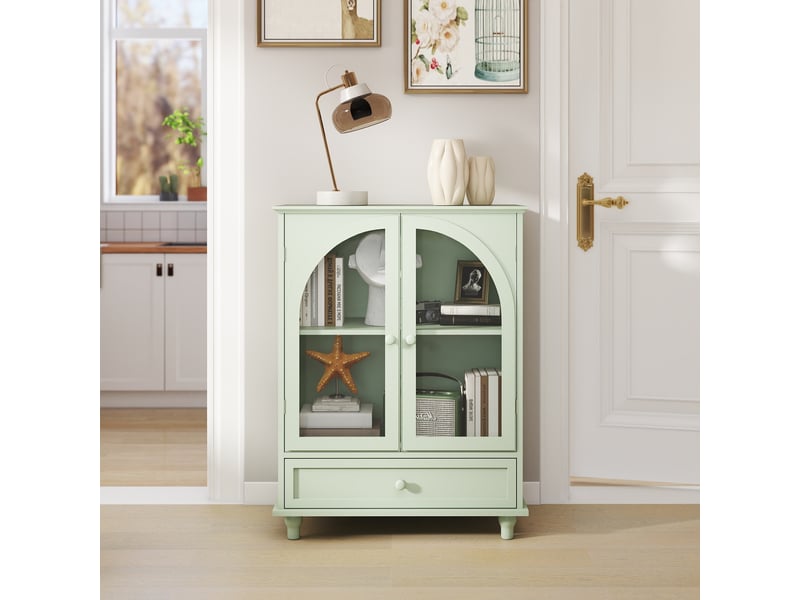 Buffet de cuisine - 71x38x93,5 cm - meuble de rangement style maison de campagne avec portes vitrées cintrées et tiroir - vert - Conforama B