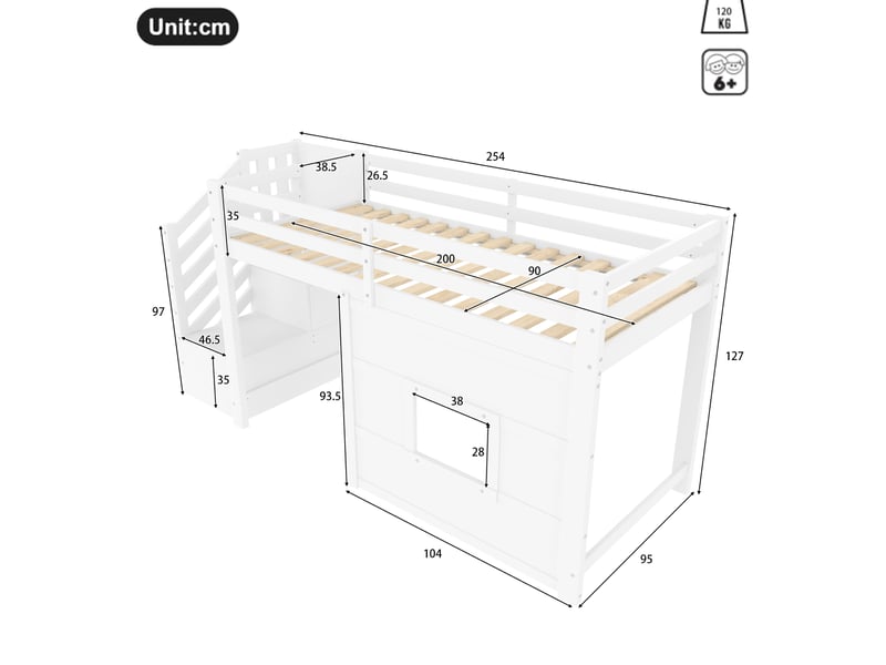  Lit mezzanine enfant 90x200 cm avec escalier, fenêtre et éclairage led blanc  - Conforama C