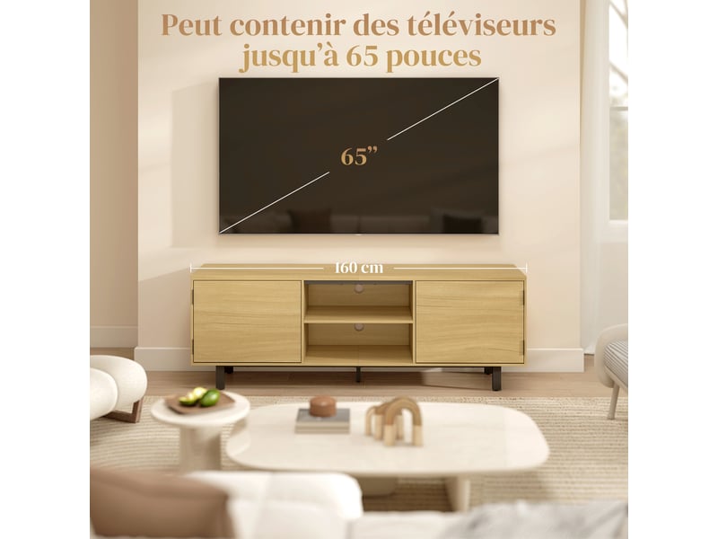  Meuble tv, meuble télé jusqu'à 65 pouces, 2 portes à ouverture par pression et 2 étagères, bois naturel, 160x35x55,5cm  - Conforama R