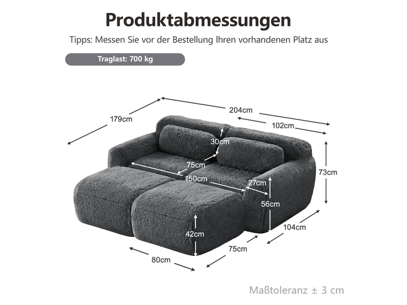 Canapé-lit modulaire 2 places avec 2 ottomans en tissu peluche gris - Conforama E