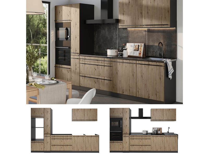  Vicco cuisine, chêne artisananthracite, 310cm plan de travail marbre  - Conforama D