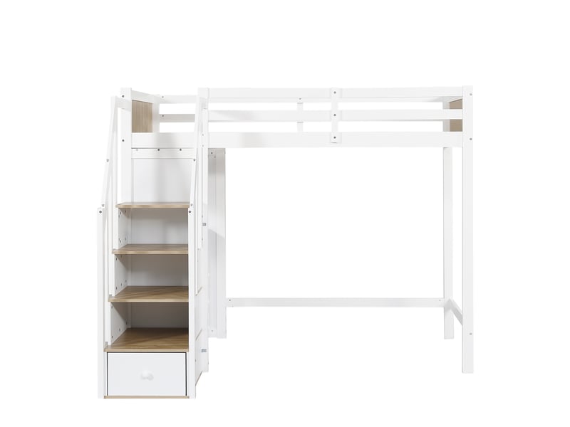 Lit mezzanine 90x200 cm, lit enfant avec bureau et rangements, avec escalier de stockage, en bois de pin massif et mdf, style scandinave, blanc - Conforama D