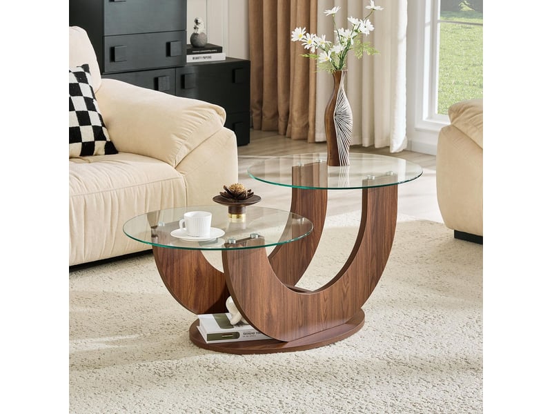  Table basse avec rangement compartiments pratiques plateaux en verre trempé structure en mdf aspect noyer lot de deux plateaux  - Conforama B