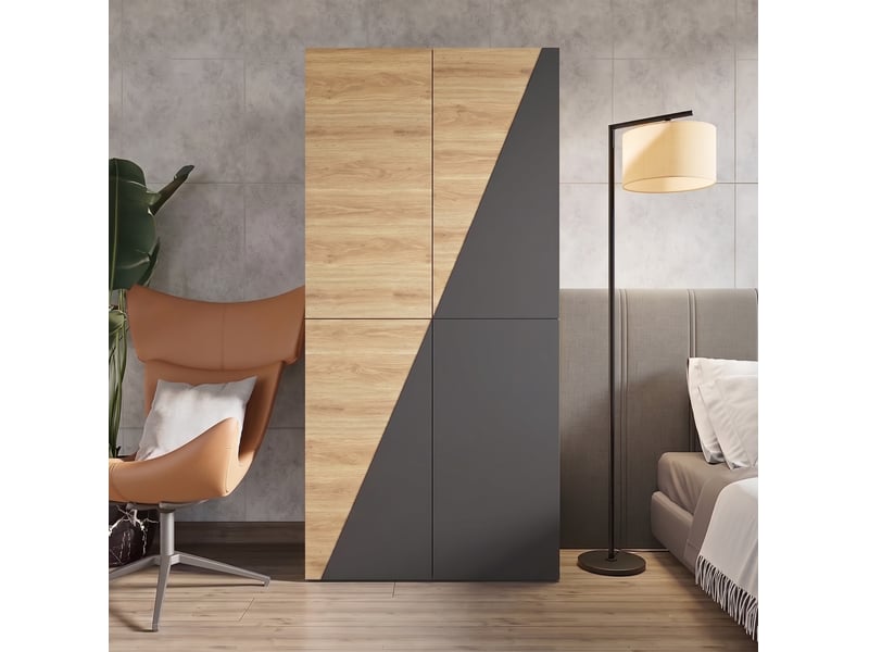  Armoire 2 portes 90x50x200 cm avec tiroirs, coloris bois et gris  - Conforama D