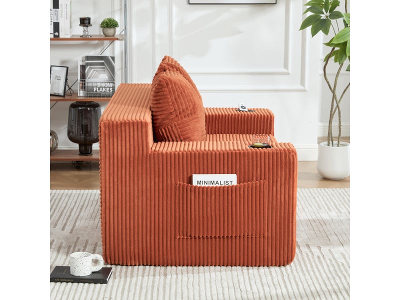  Canapé compact 2 places en velours côtelé, 2 coussins, porte-gobelet et poches latérales, 151 × 133 × 64 cm, orange YXY-0915-2 - Conforama D
