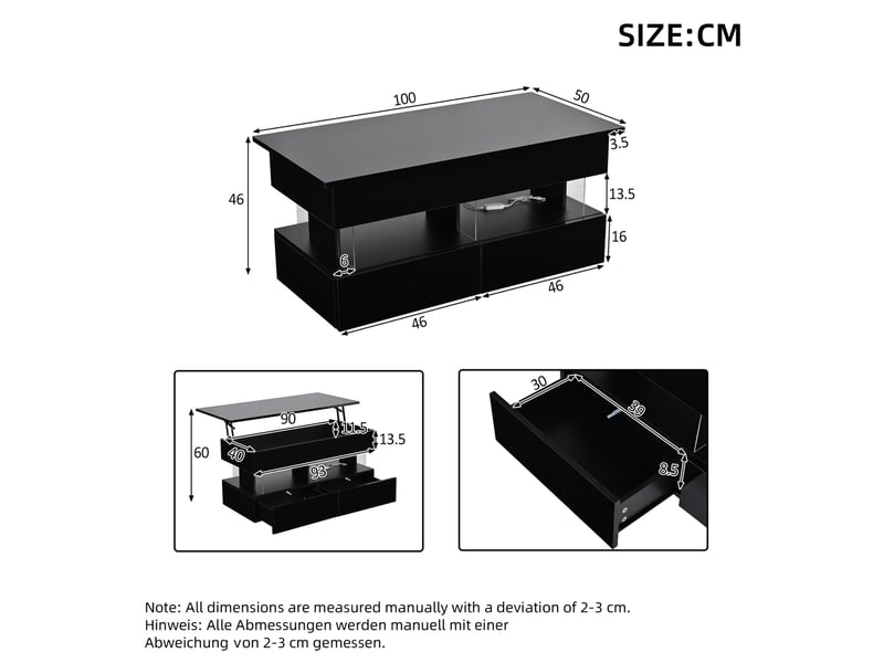  Table basse relevable 100 x 50 x 46 cm en mdf et acrylique avec rangement, 2 tiroirs et led noire chicfurn  - Conforama D
